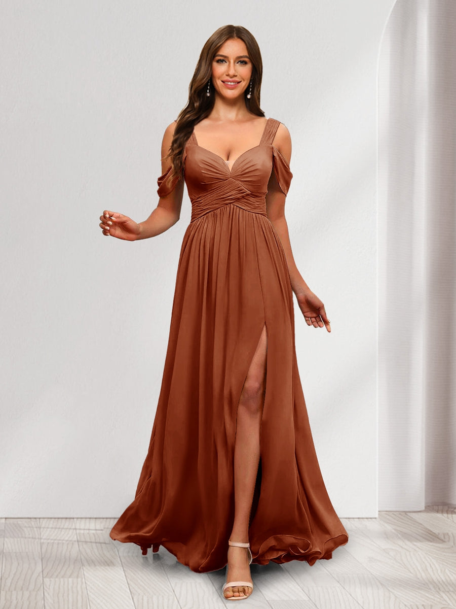 A Line Cold Shoulder Split Side Ruched Floor Length Chiffon Bridesmaid Dresses