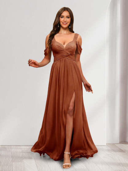 A Line Cold Shoulder Split Side Ruched Floor Length Chiffon Bridesmaid Dresses