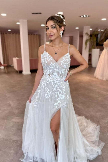 A-Line Floor-Length Sleeveless Spaghetti Straps V-Neck Split Front Wedding Dresses with Appliques