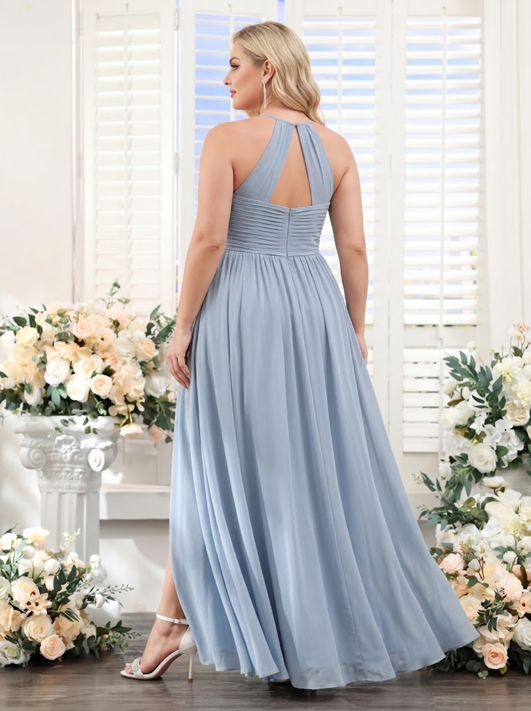 A Line Halter Sleeveless Ruched Floor Length Chiffon Plus Size Bridesmaid Dresses
