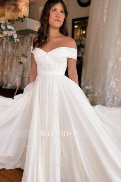 A-Line Off-The-Shoulder Floor-Length Short Sleeve Stain Wedding Dresses with Ruffles