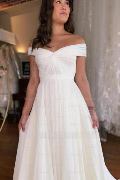 A-Line Off-The-Shoulder Floor-Length Short Sleeve Stain Wedding Dresses with Ruffles