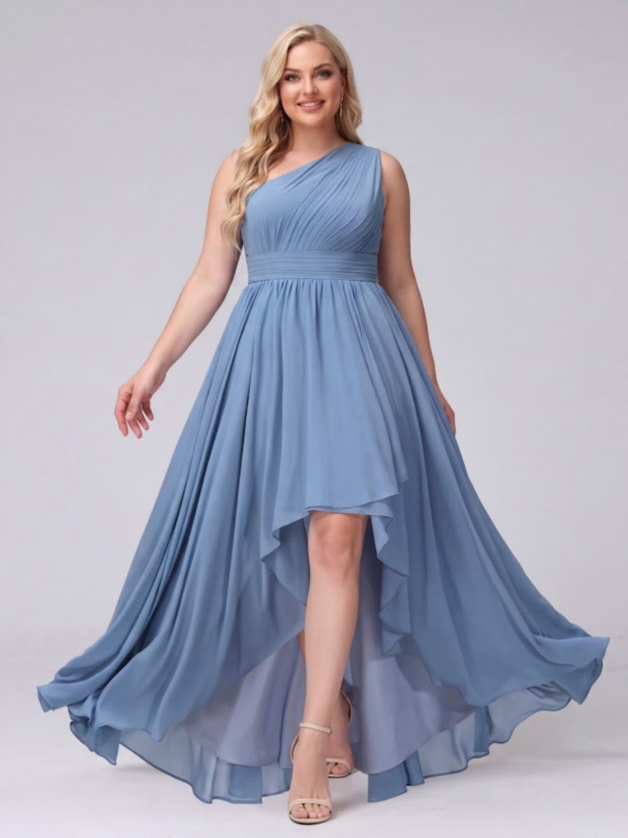 A Line One Shoulder Sleeveless Chiffon High Low Plus Size Bridesmaid Dresses with Pockets