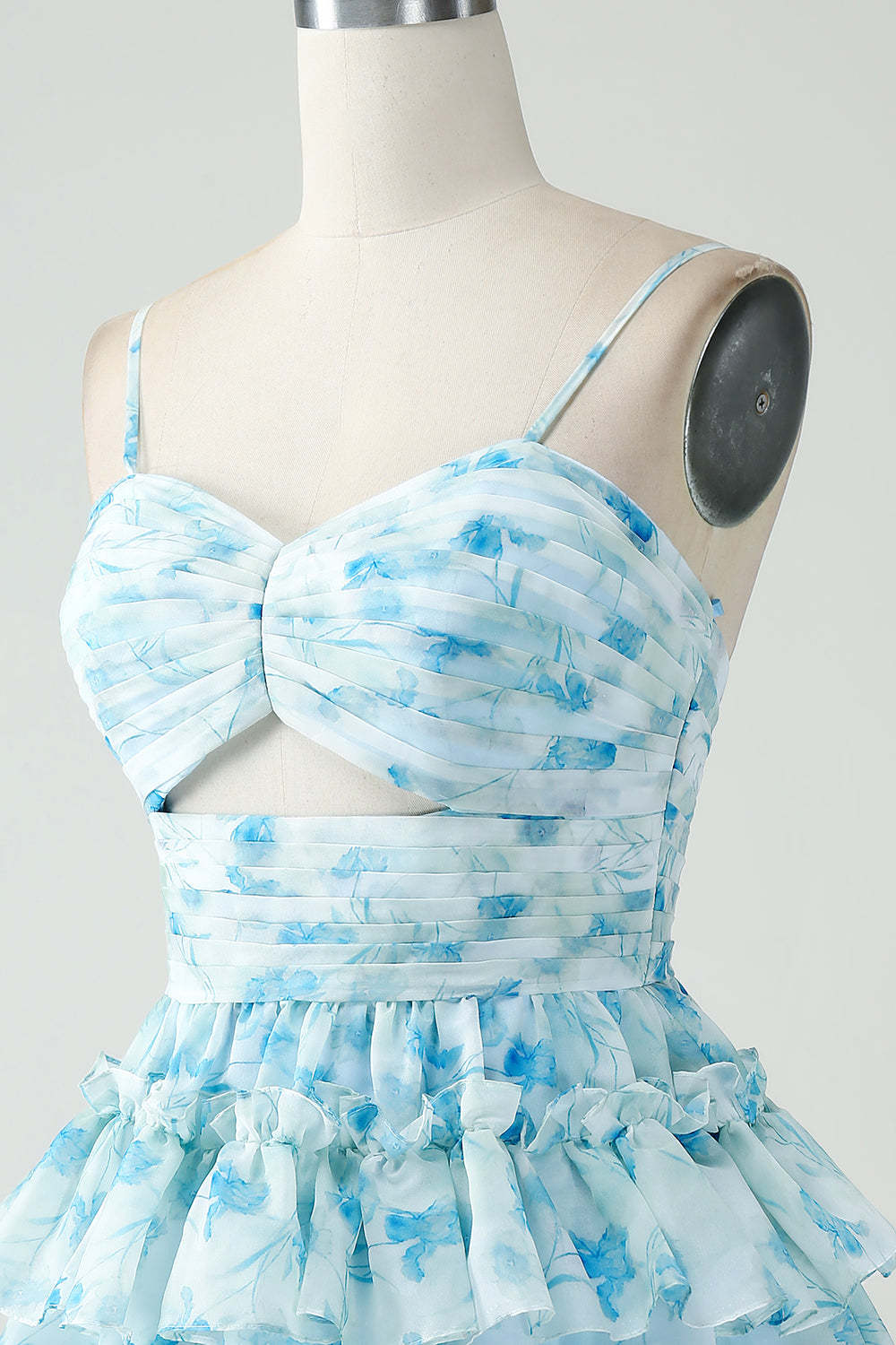 Blue Floral Spaghetti Straps A Line Tiered Short Cocktail Dress With Ruffles