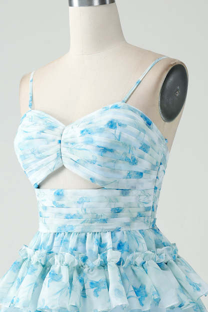 Blue Floral Spaghetti Straps A Line Tiered Short Cocktail Dress With Ruffles