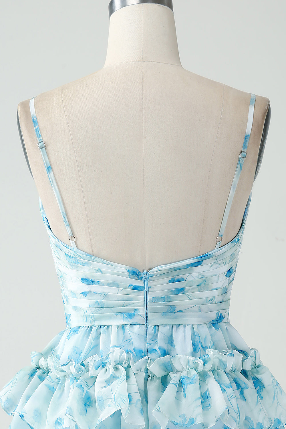 Blue Floral Spaghetti Straps A Line Tiered Short Cocktail Dress With Ruffles