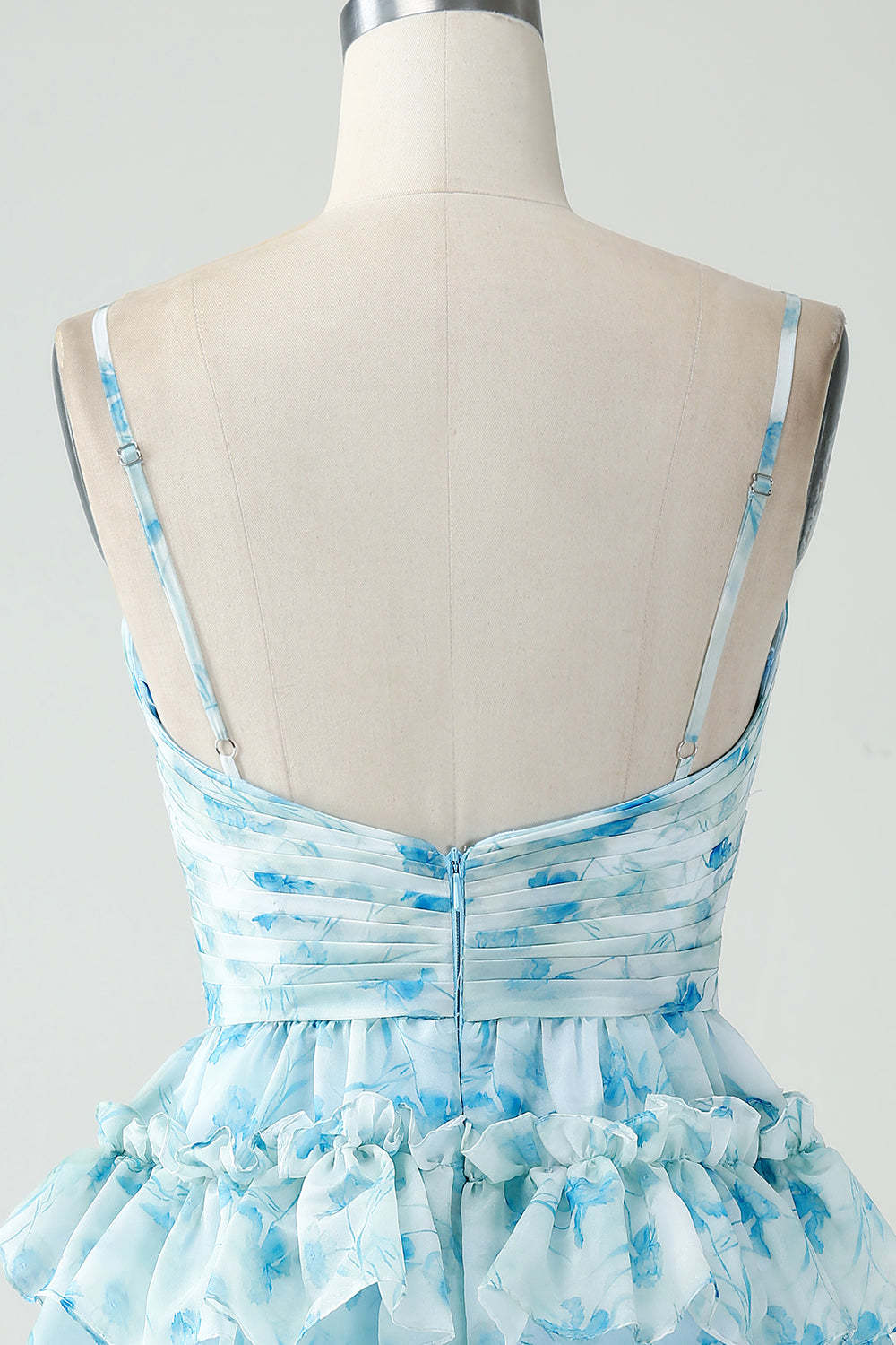 Blue Floral Spaghetti Straps A Line Tiered Short Cocktail Dress With Ruffles