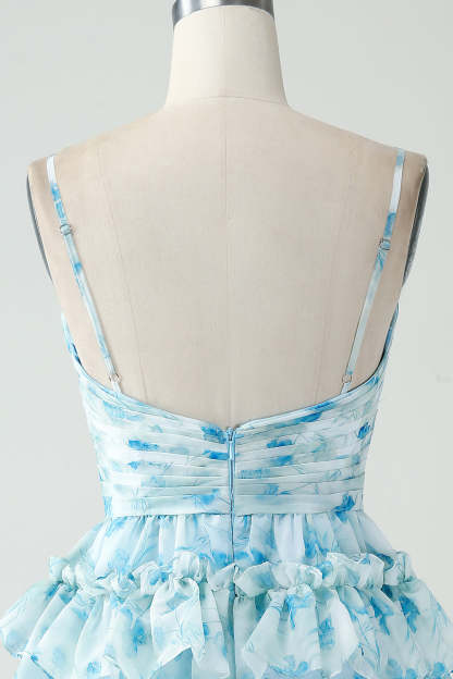 Blue Floral Spaghetti Straps A Line Tiered Short Cocktail Dress With Ruffles