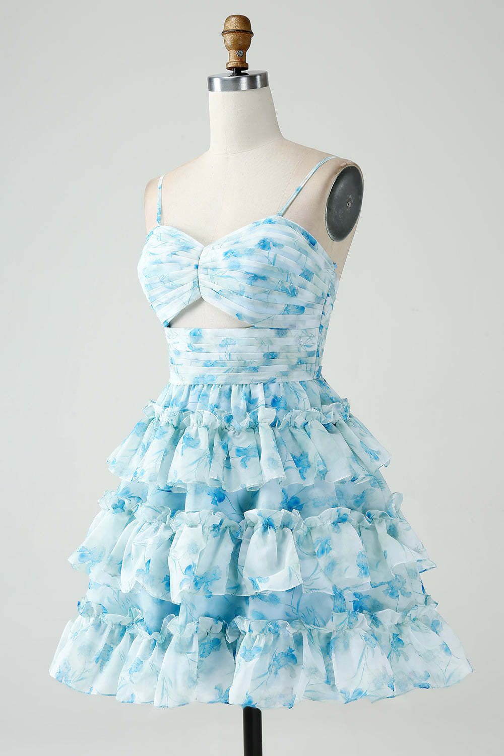 Blue Floral Spaghetti Straps A Line Tiered Short Cocktail Dress With Ruffles