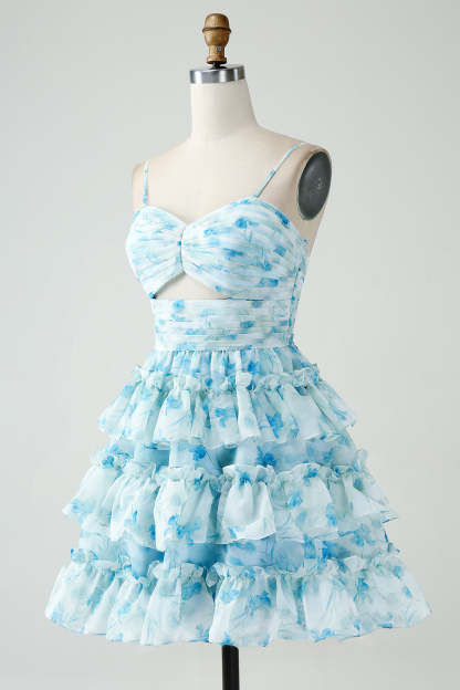 Blue Floral Spaghetti Straps A Line Tiered Short Cocktail Dress With Ruffles