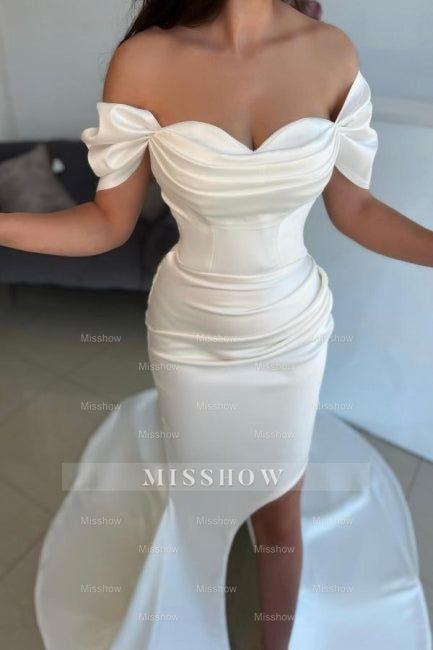 A-Line Split Front Off-The-Shoulder Sweetheart Stain Wedding Dresses with Ruffles