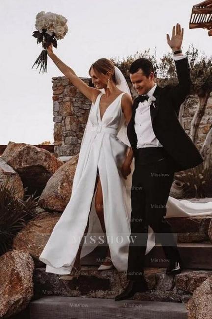 A-Line Stain V-Neck Split Front Sleeveless Wedding Dresses with Ruffles