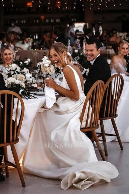 A-Line Stain V-Neck Split Front Sleeveless Wedding Dresses with Ruffles