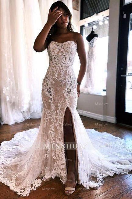 A-Line Sweetheart Floor-Length Split Front Tulle Wedding Dresses with Lace