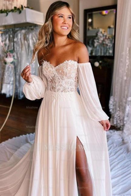 A-Line Sweetheart Long Sleeve Split Front Stain Wedding Dresses with Lace