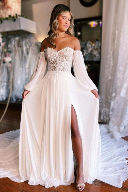 A-Line Sweetheart Long Sleeve Split Front Stain Wedding Dresses with Lace