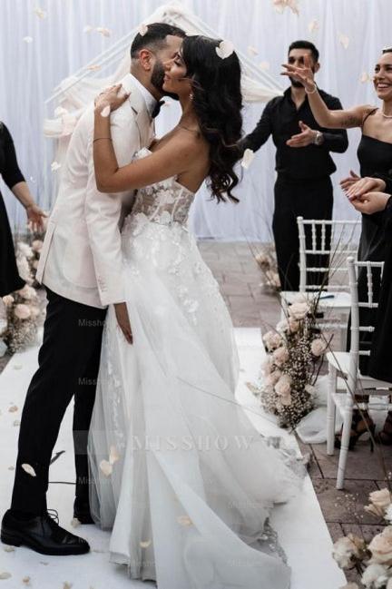 A-Line Tulle Sleeveless Floor-Length Sweetheart Split Front Wedding Dresses with Appliques