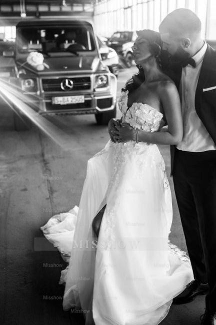 A-Line Tulle Sleeveless Floor-Length Sweetheart Split Front Wedding Dresses with Appliques