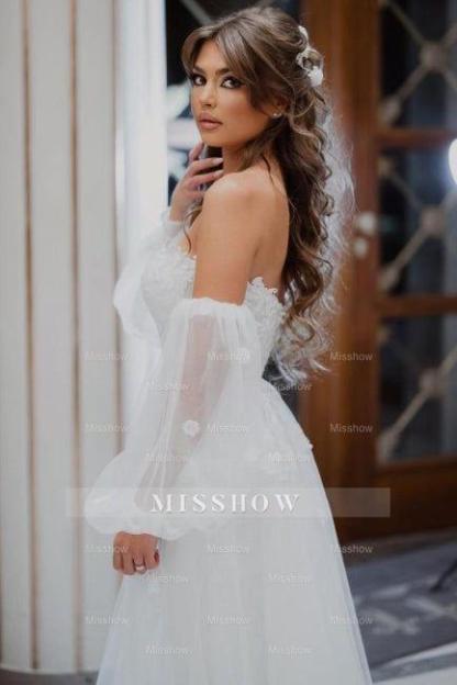 A-Line Tulle Strapless Mermaid Floor-Length Wedding Dresses with Lace