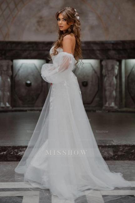 A-Line Tulle Strapless Mermaid Floor-Length Wedding Dresses with Lace