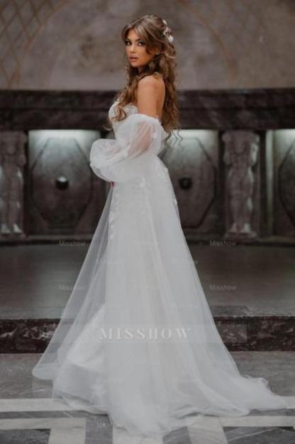 A-Line Tulle Strapless Mermaid Floor-Length Wedding Dresses with Lace