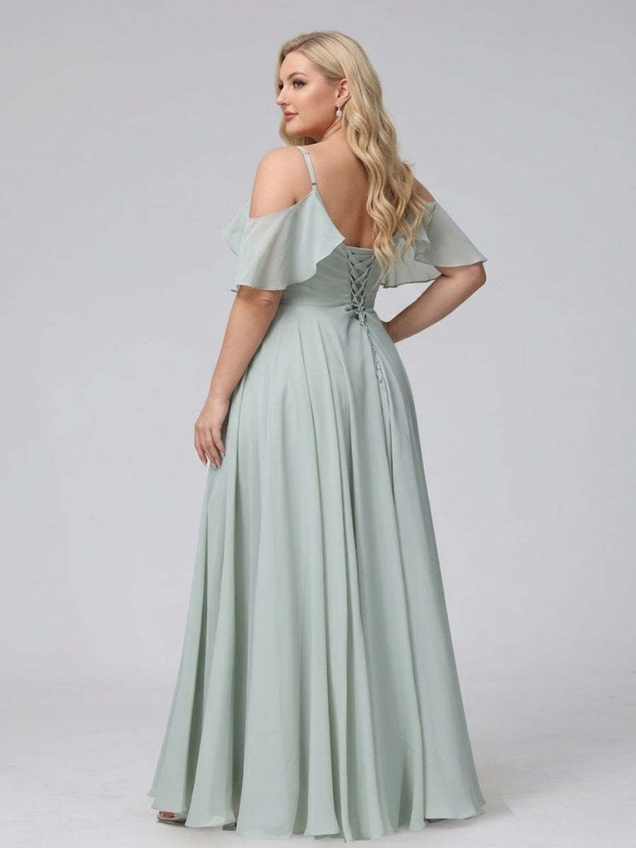 A Line V Neck Chiffon Long Plus Size Bridesmaid Dresses With Split Side Spaghetti Straps