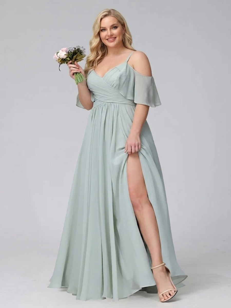 A Line V Neck Chiffon Long Plus Size Bridesmaid Dresses With Split Side Spaghetti Straps