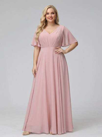A Line V Neck Half Sleeves Long Chiffon Plus Size Bridesmaid Dresses With Ruffles Pockets
