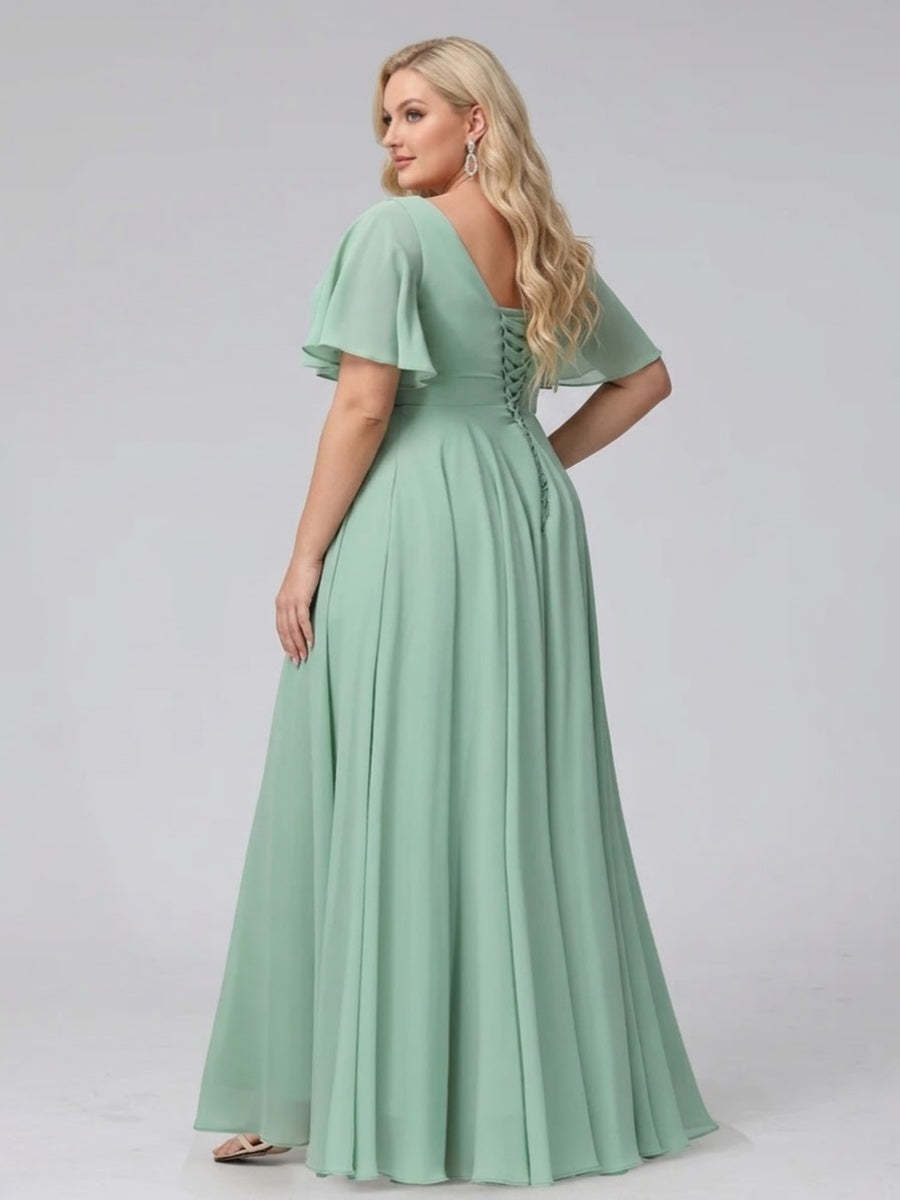 A Line V Neck Half Sleeves Long Chiffon Plus Size Bridesmaid Dresses with Ruffles Split Side Pockets