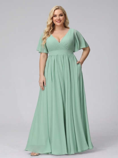 A Line V Neck Half Sleeves Long Chiffon Plus Size Bridesmaid Dresses with Ruffles Split Side Pockets
