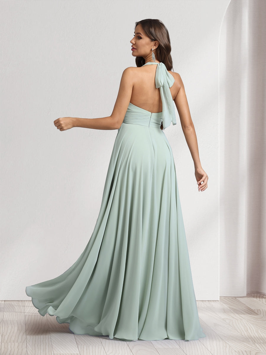 A Line V Neck Halter Sleeveless Floor Length Bridesmaid Dresses With Pleats