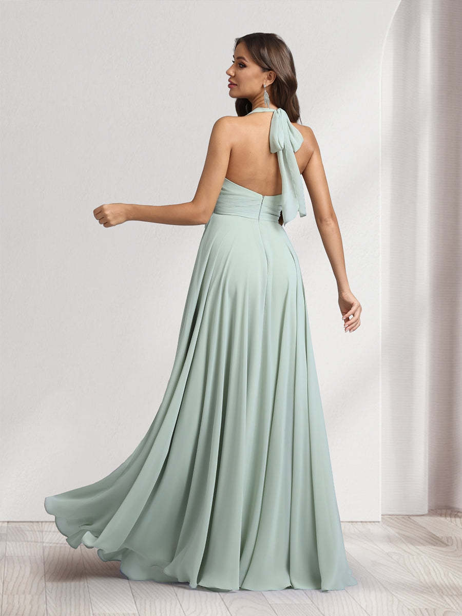 A Line V Neck Halter Sleeveless Floor Length Bridesmaid Dresses With Pleats