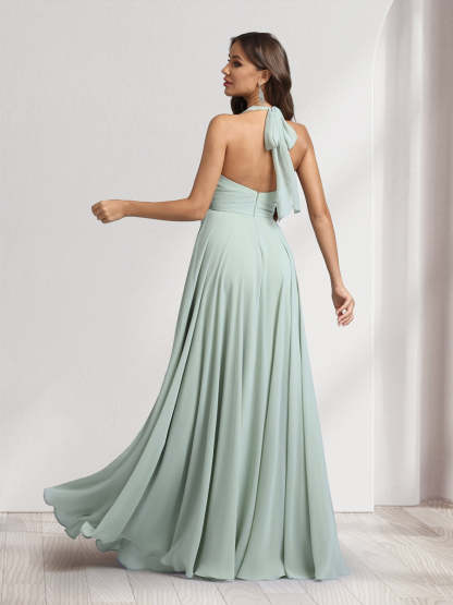 A Line V Neck Halter Sleeveless Floor Length Bridesmaid Dresses With Pleats