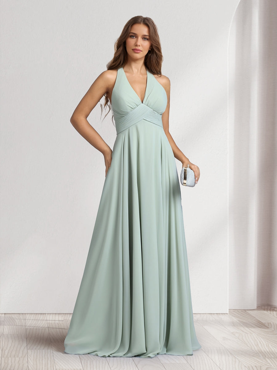 A Line V Neck Halter Sleeveless Floor Length Bridesmaid Dresses With Pleats