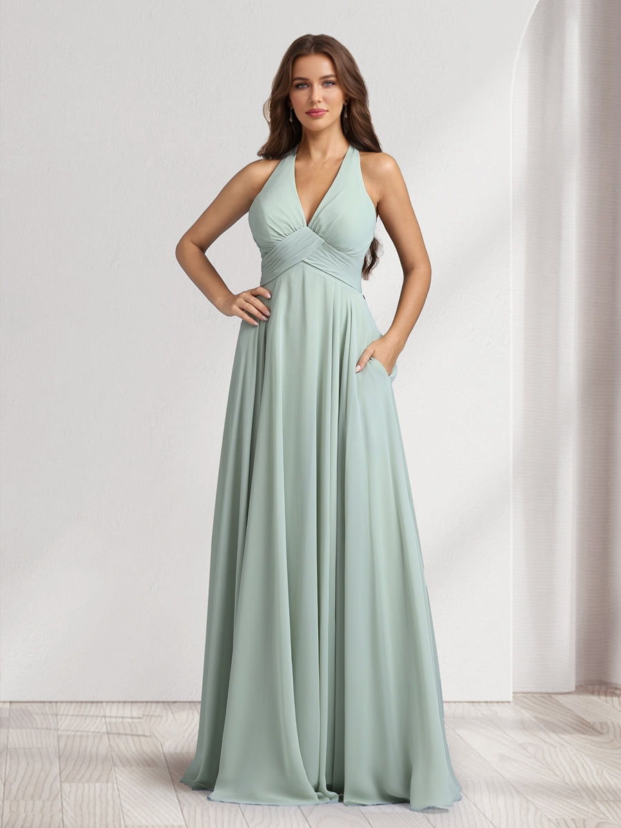 A Line V Neck Halter Sleeveless Floor Length Bridesmaid Dresses With Pleats