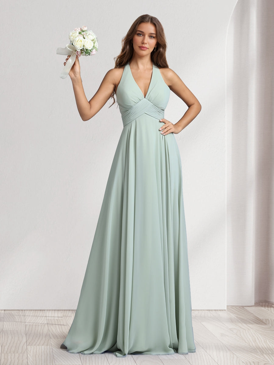 A Line V Neck Halter Sleeveless Floor Length Bridesmaid Dresses With Pleats