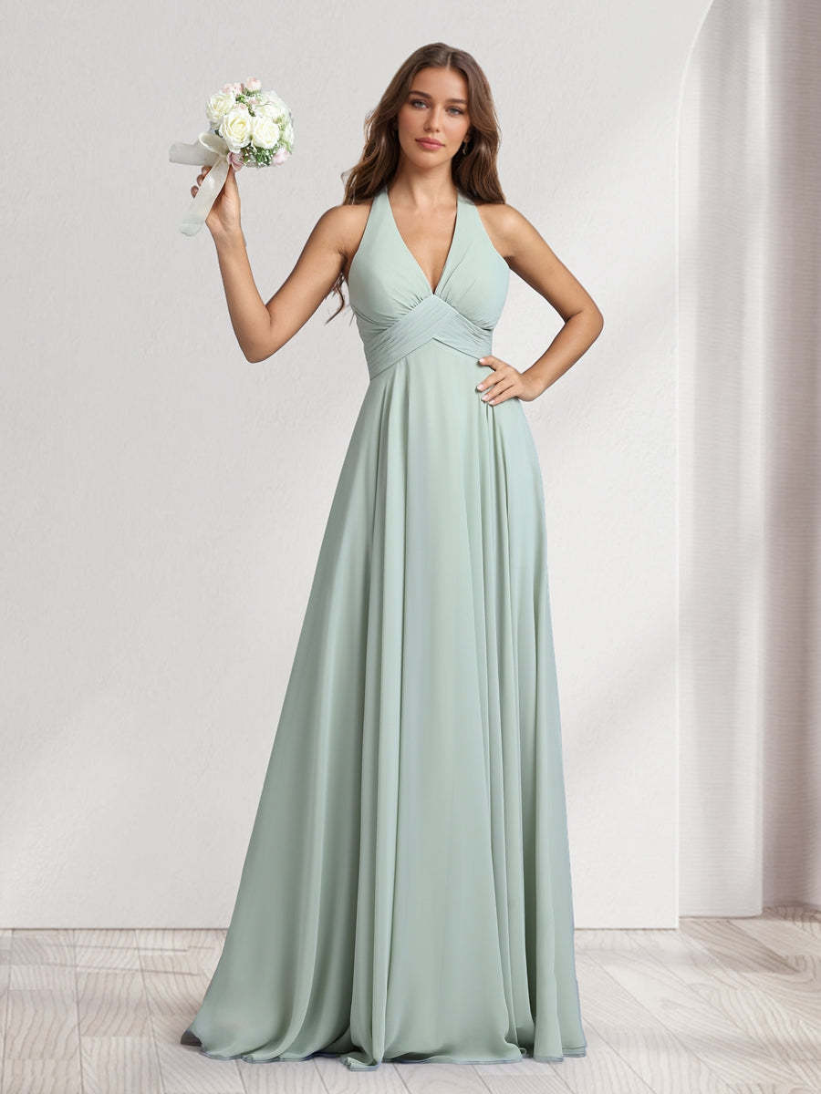 A Line V Neck Halter Sleeveless Floor Length Bridesmaid Dresses With Pleats