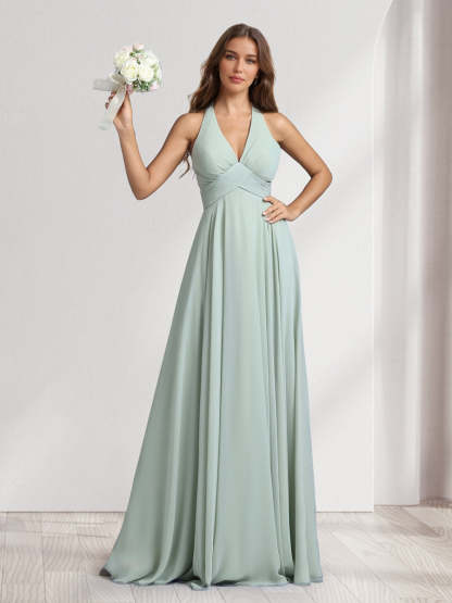 A Line V Neck Halter Sleeveless Floor Length Bridesmaid Dresses With Pleats