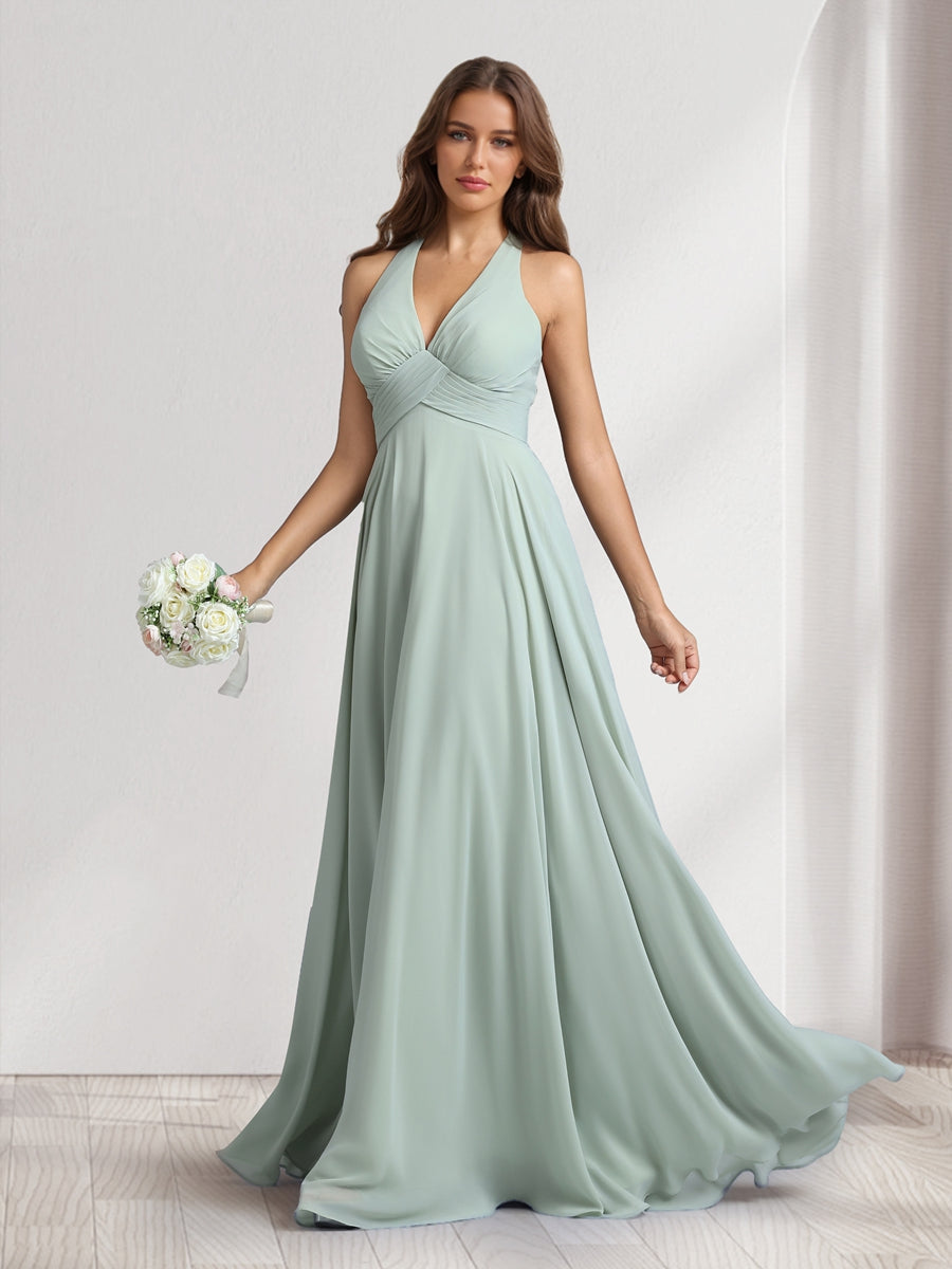 A Line V Neck Halter Sleeveless Floor Length Bridesmaid Dresses With Pleats