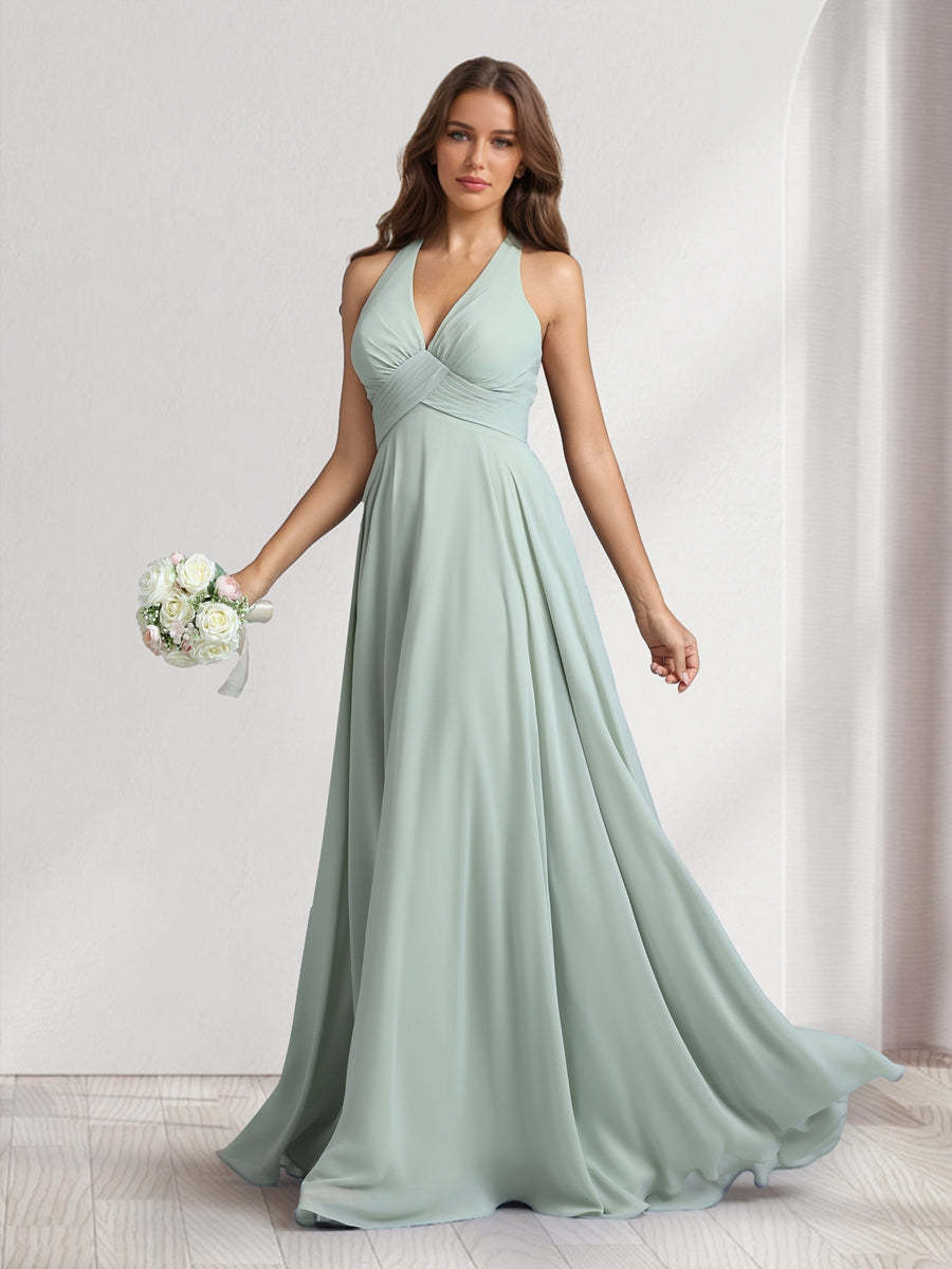 A Line V Neck Halter Sleeveless Floor Length Bridesmaid Dresses With Pleats