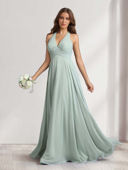 A Line V Neck Halter Sleeveless Floor Length Bridesmaid Dresses With Pleats