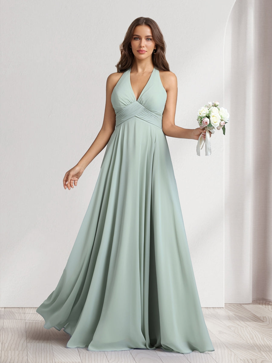 A Line V Neck Halter Sleeveless Floor Length Bridesmaid Dresses With Pleats
