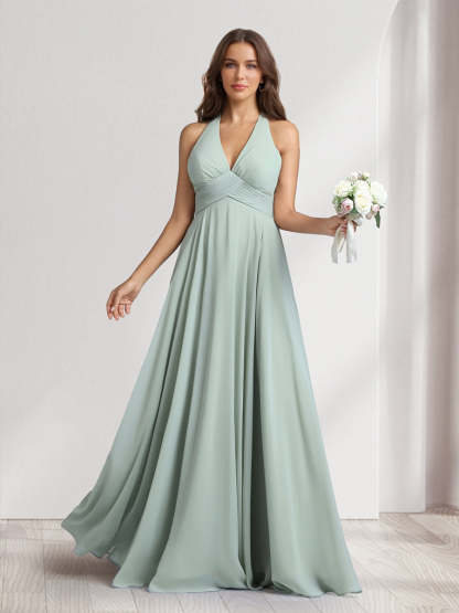 A Line V Neck Halter Sleeveless Floor Length Bridesmaid Dresses With Pleats