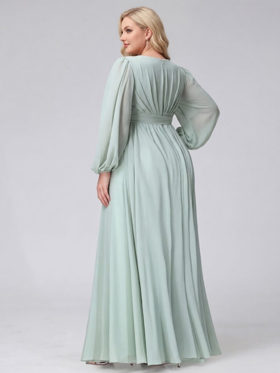 A Line V Neck Long Sleeves Chiffon Long Plus Size Bridesmaid Dresses With Ruffles Split Side