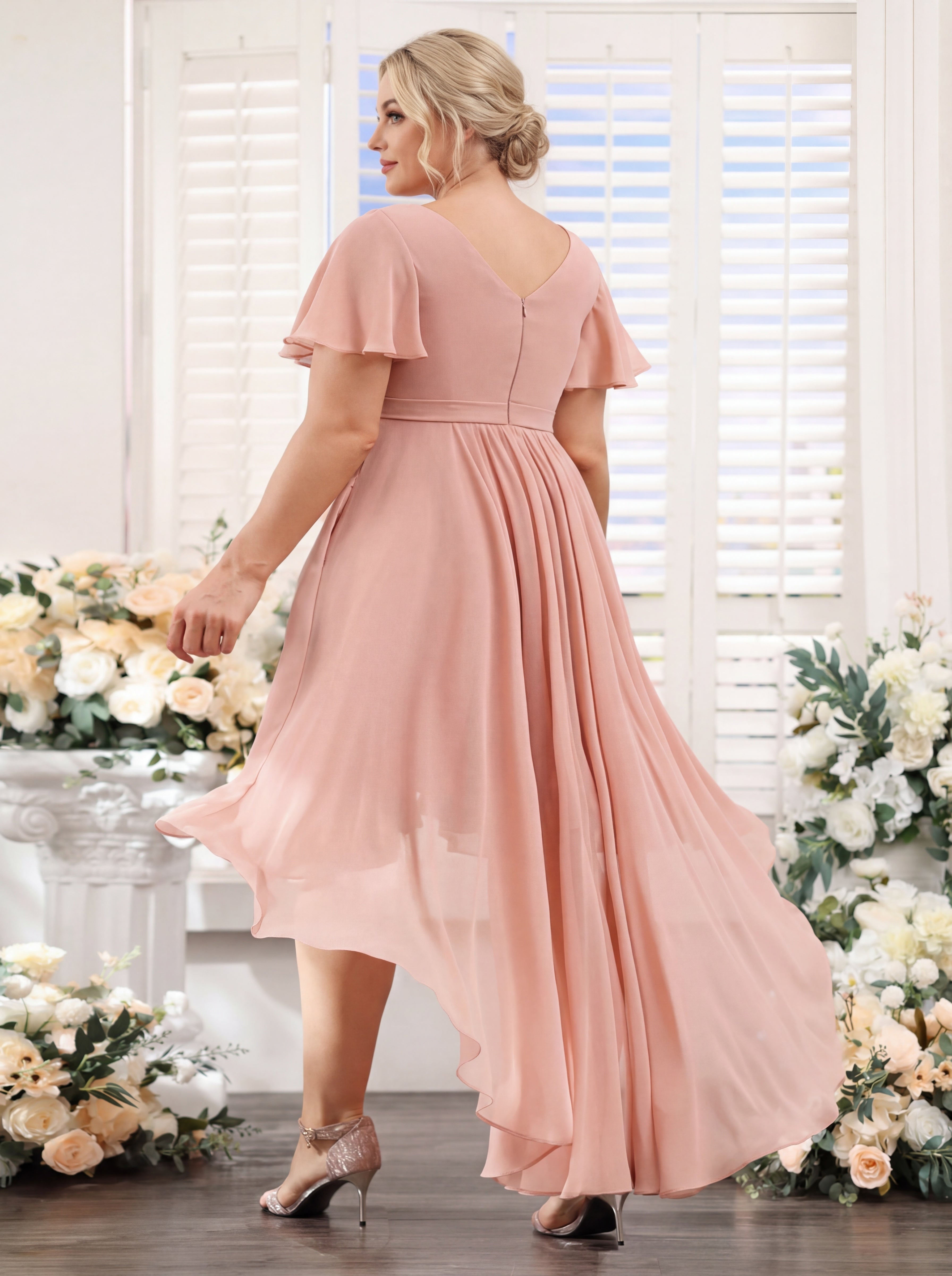 A Line V Neck Short Sleeves Ruched Asymmetrical Chiffon Plus Size Bridesmaid Dresses