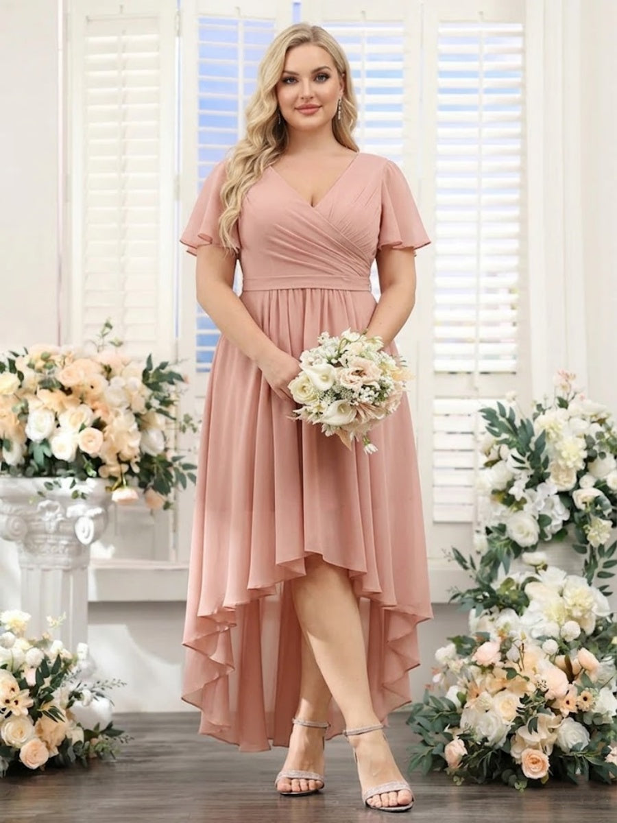 A Line V Neck Short Sleeves Ruched Asymmetrical Chiffon Plus Size Bridesmaid Dresses