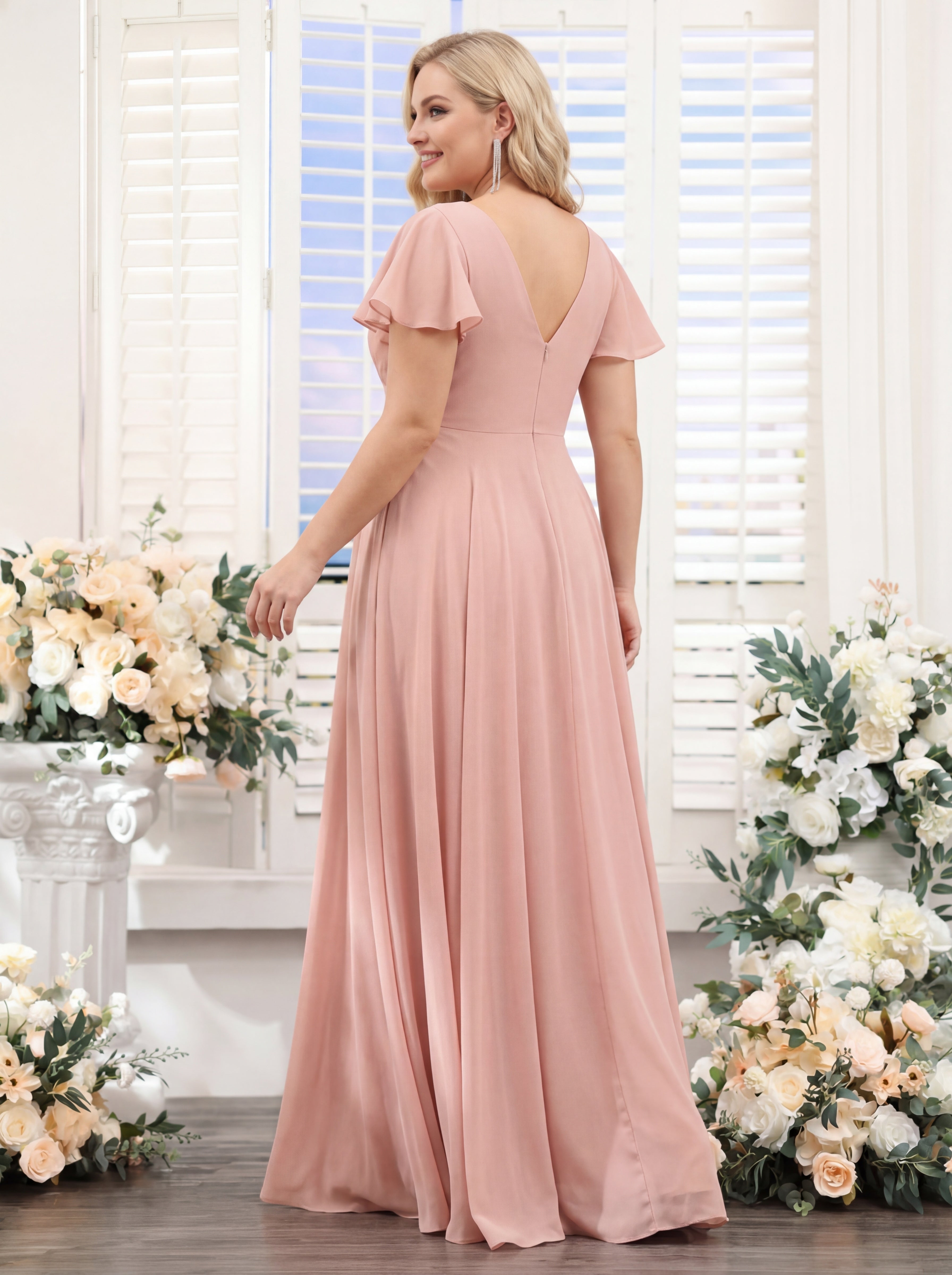 A Line V Neck Short Sleeves Split Side Chiffon Plus Size Bridesmaid Dresses