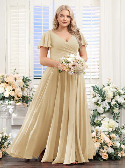 A Line V Neck Short Sleeves Split Side Ruched Chiffon Plus Size Bridesmaid Dresses