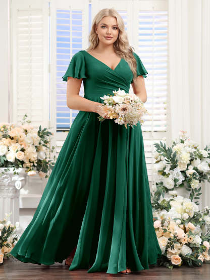 A Line V Neck Short Sleeves Split Side Ruched Chiffon Plus Size Bridesmaid Dresses