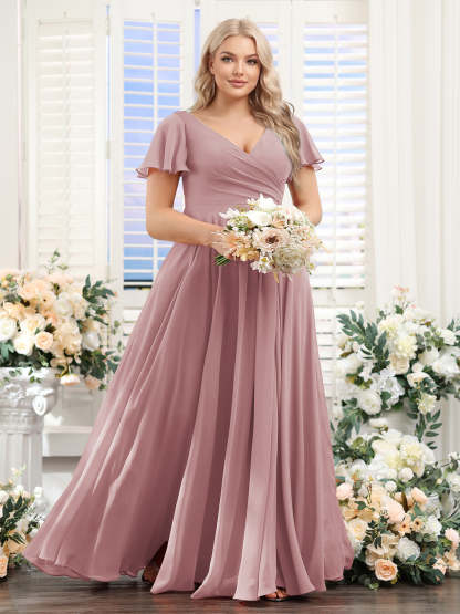 A Line V Neck Short Sleeves Split Side Ruched Chiffon Plus Size Bridesmaid Dresses